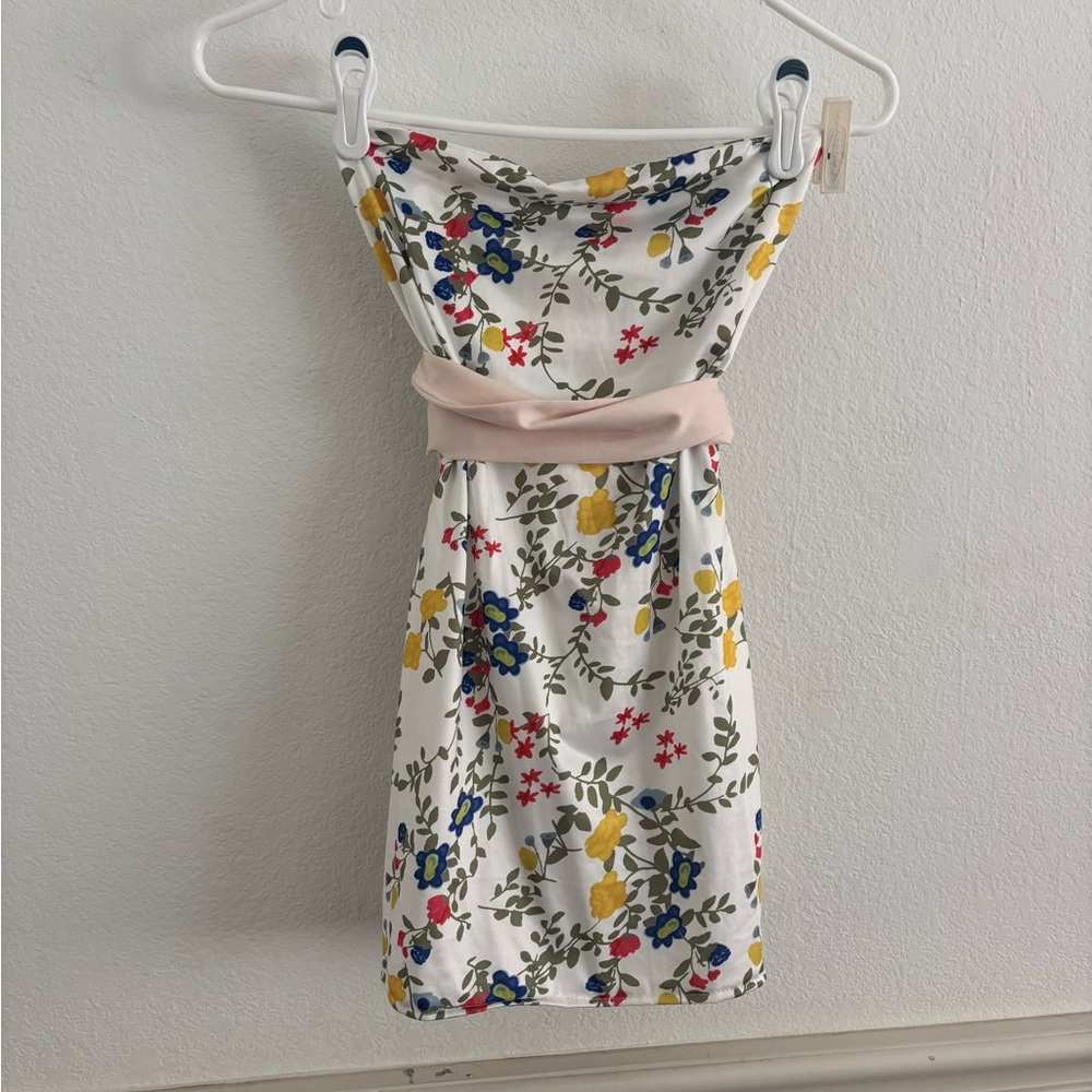 Floral Strapless Dress with Pink Band